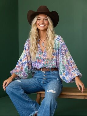 Maeve Pastel Multi-Color Mosaic Print Blouse